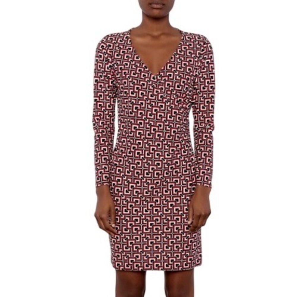 Jude Connally Geometric Print Faux Wrap Dress Red Black Cream‎ Size Small